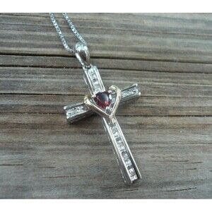 Sterling Silver 14k Yellow Gold Love Cross Heart Created Ruby Pendant on Chain